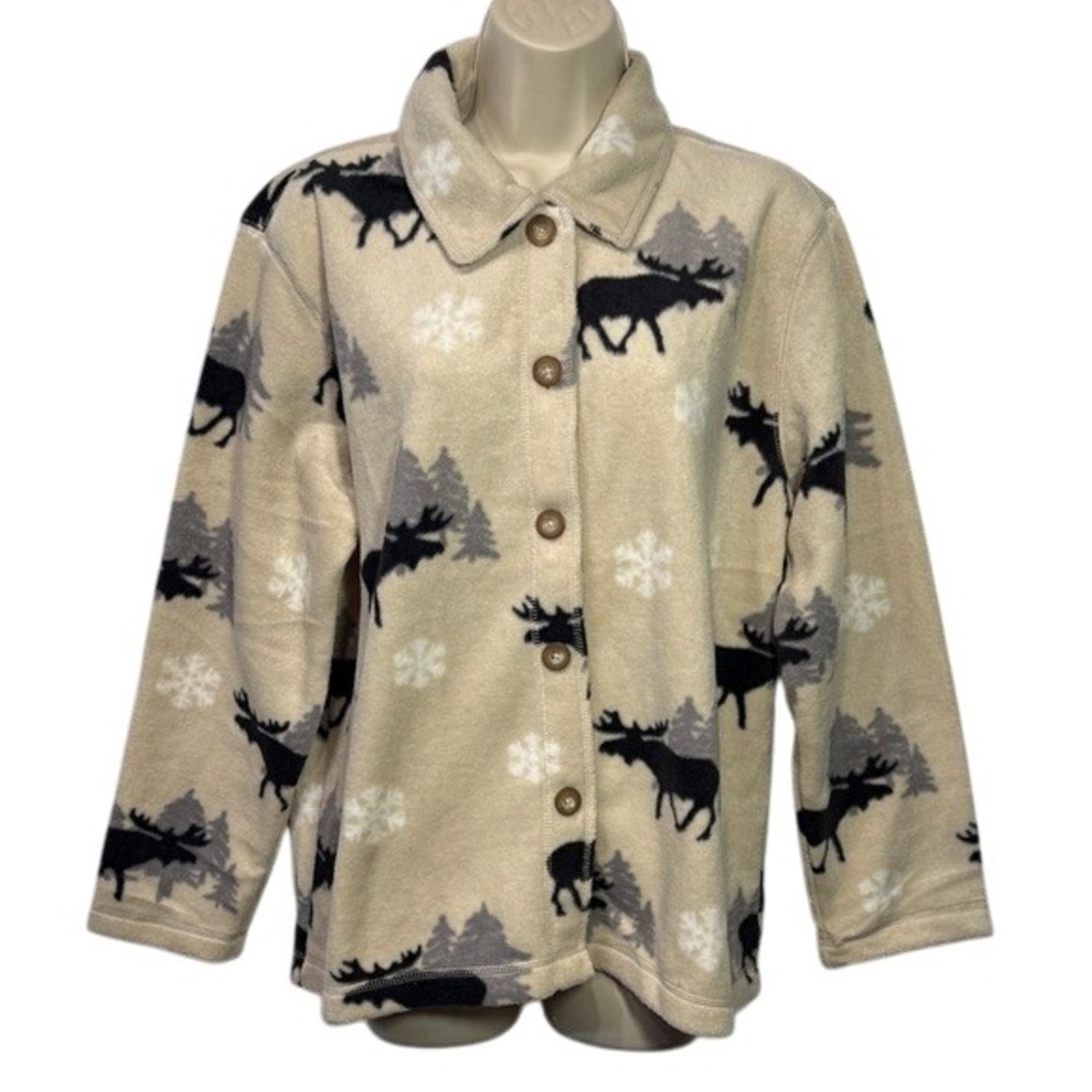Cabin Creek Cabincore Tan Button Up Moose Snowflake Print Fleece Jacket Medium